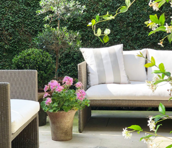Ivy clad patio, seating by Janus et Cie.