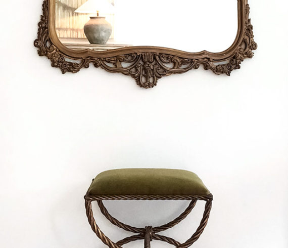 Vintage gilt rope footstool upholstered in mohair and antique mirror.